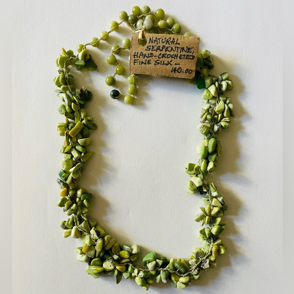 Natural Serpentine Green Bead Necklace - Hand-Crocheted silk, artesian